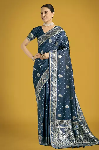 aqua blue woven banarasi satin silk blend saree