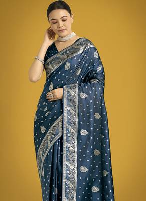 aqua blue woven banarasi satin silk blend saree 3