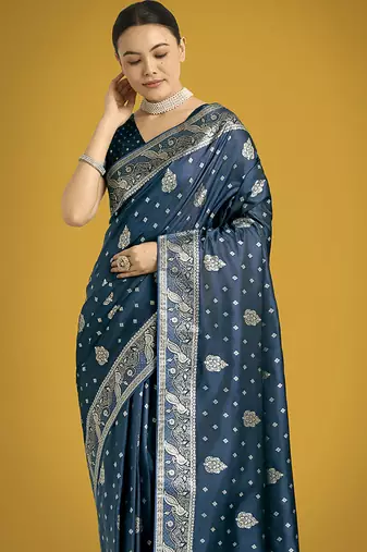 aqua blue woven banarasi satin silk blend saree