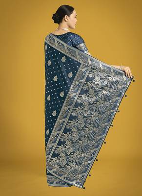 aqua blue woven banarasi satin silk blend saree 4