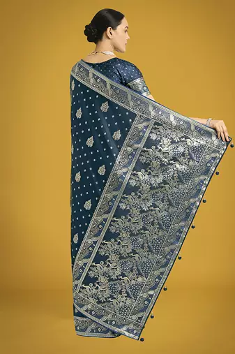 aqua blue woven banarasi satin silk blend saree