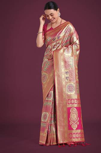rani pink and gold soft banarasi satin silk saree with blouse piece