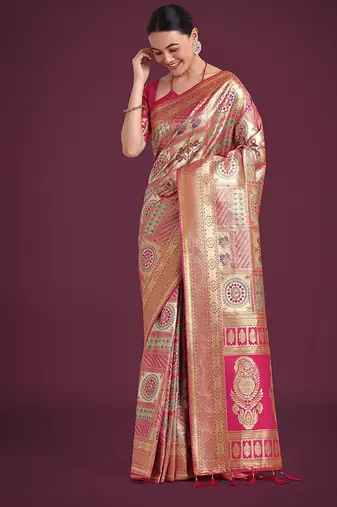 rani pink and gold soft banarasi satin silk saree with blouse piece