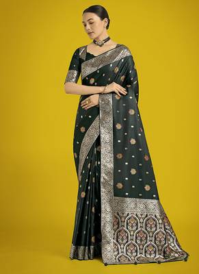 dark green banarasi zari woven satin silk blend saree with blouse piece  1