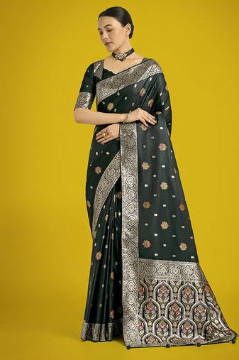 dark green soft banarasi zari woven satin silk saree with blouse piece 