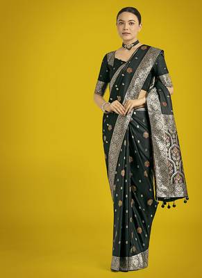 dark green banarasi zari woven satin silk blend saree with blouse piece  2