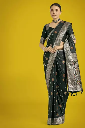dark green banarasi zari woven satin silk blend saree with blouse piece 