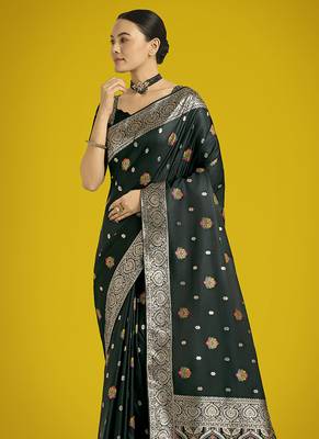 dark green banarasi zari woven satin silk blend saree with blouse piece  3