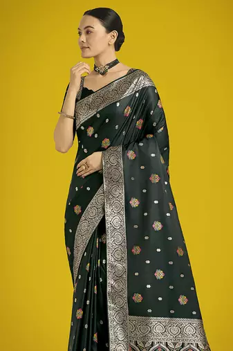 dark green banarasi zari woven satin silk blend saree with blouse piece 