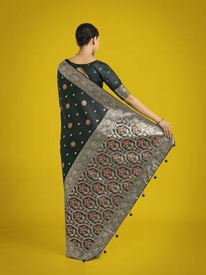 dark green banarasi zari woven satin silk blend saree with blouse piece  4