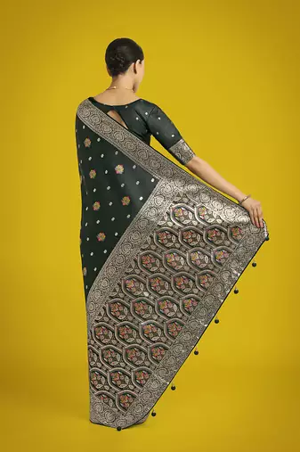 dark green banarasi zari woven satin silk blend saree with blouse piece 