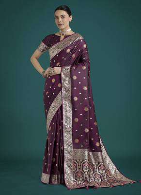 wine banarasi zari woven satin silk blend saree with blouse piece  1