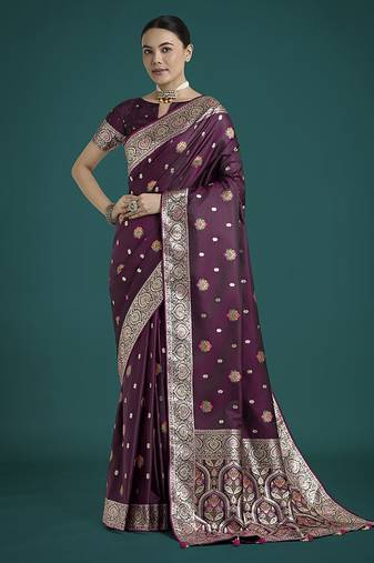 wine soft banarasi zari woven satin silk saree with blouse piece 