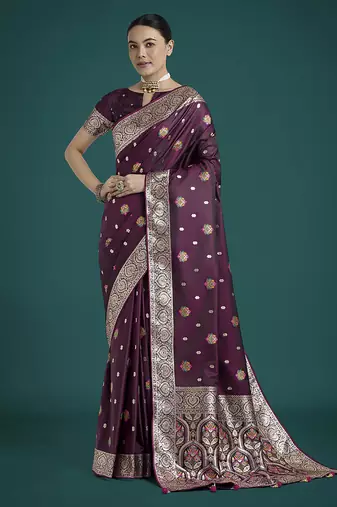 wine soft banarasi zari woven satin silk saree with blouse piece 
