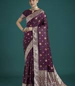 wine banarasi zari woven satin silk saree with blouse piece 