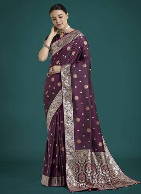 wine banarasi zari woven satin silk blend saree with blouse piece  2