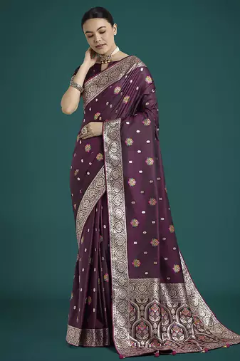 wine banarasi zari woven satin silk blend saree with blouse piece 