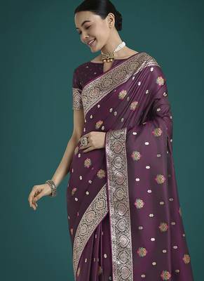 wine banarasi zari woven satin silk blend saree with blouse piece  3