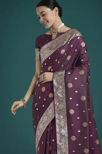 wine banarasi zari woven satin silk blend saree with blouse piece 