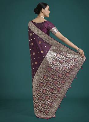 wine banarasi zari woven satin silk blend saree with blouse piece  4