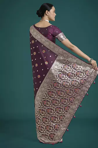 wine banarasi zari woven satin silk blend saree with blouse piece 