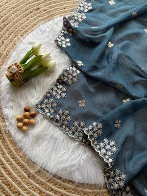 Teal Zari Floral Embroidery With Sequins Work Crushed silk blend Saree 1