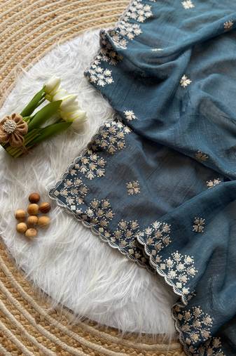 Teal Color Zari Floral Embroidery With Sequins Work Crushed Silk Saree