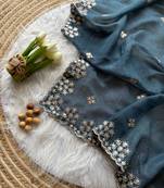 Teal Zari Floral Embroidery With Sequins Work Crushed silk blend Saree