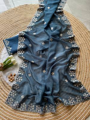 Teal Zari Floral Embroidery With Sequins Work Crushed silk blend Saree 2