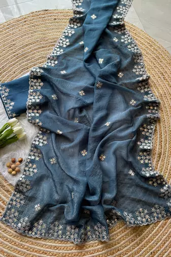 Teal Zari Floral Embroidery With Sequins Work Crushed silk blend Saree