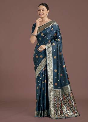 teal banarasi zari woven satin silk blend saree with blouse piece  1