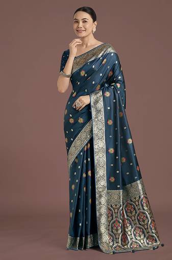 teal soft banarasi zari woven satin silk saree with blouse piece 