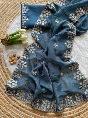 Teal Zari Floral Embroidery With Sequins Work Crushed silk blend Saree 3