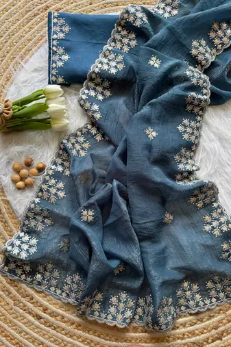Teal Zari Floral Embroidery With Sequins Work Crushed silk blend Saree