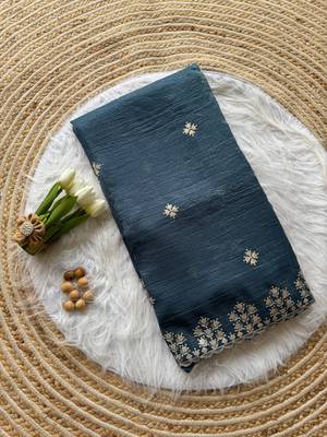 Teal Zari Floral Embroidery With Sequins Work Crushed silk blend Saree 4