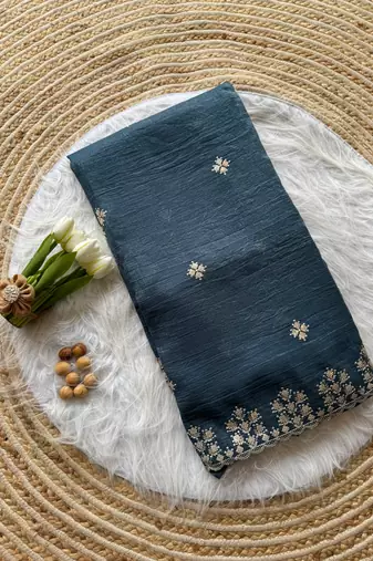 Teal Zari Floral Embroidery With Sequins Work Crushed silk blend Saree