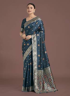 teal banarasi zari woven satin silk blend saree with blouse piece  2