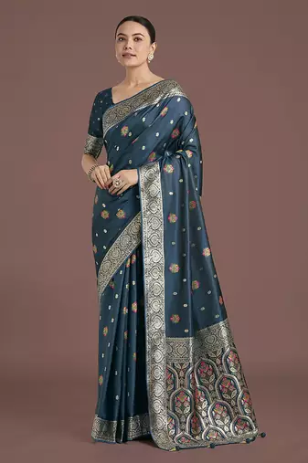 teal banarasi zari woven satin silk blend saree with blouse piece 