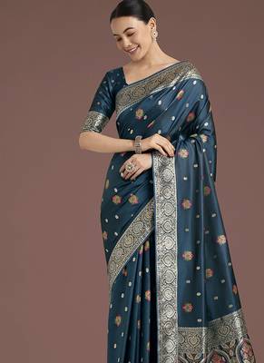 teal banarasi zari woven satin silk blend saree with blouse piece  3
