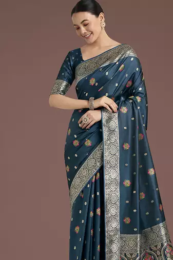 teal banarasi zari woven satin silk blend saree with blouse piece 