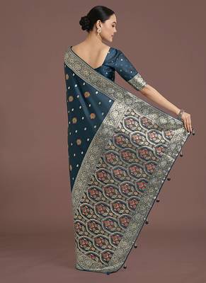 teal banarasi zari woven satin silk blend saree with blouse piece  4