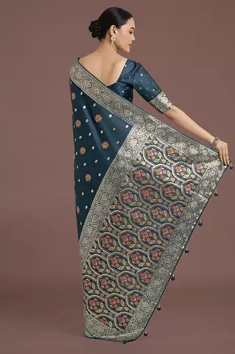 teal banarasi zari woven satin silk blend saree with blouse piece 