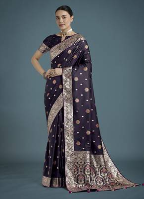 purple banarasi zari woven satin silk blend saree with blouse piece  1