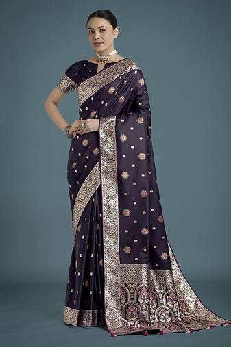 purple soft banarasi zari woven satin silk saree with blouse piece 