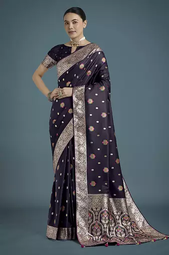 purple soft banarasi zari woven satin silk saree with blouse piece 