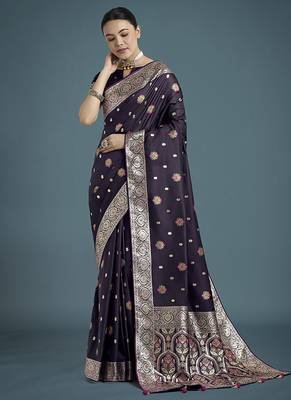 purple banarasi zari woven satin silk blend saree with blouse piece  2
