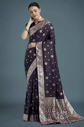 purple banarasi zari woven satin silk blend saree with blouse piece 