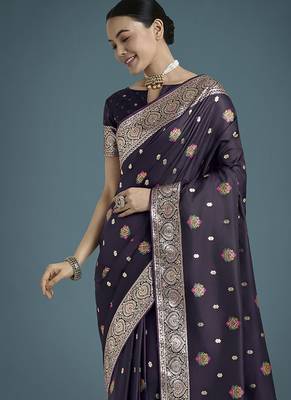 purple banarasi zari woven satin silk blend saree with blouse piece  3