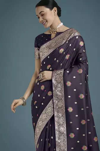 purple banarasi zari woven satin silk blend saree with blouse piece 