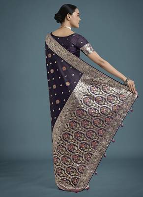 purple banarasi zari woven satin silk blend saree with blouse piece  4